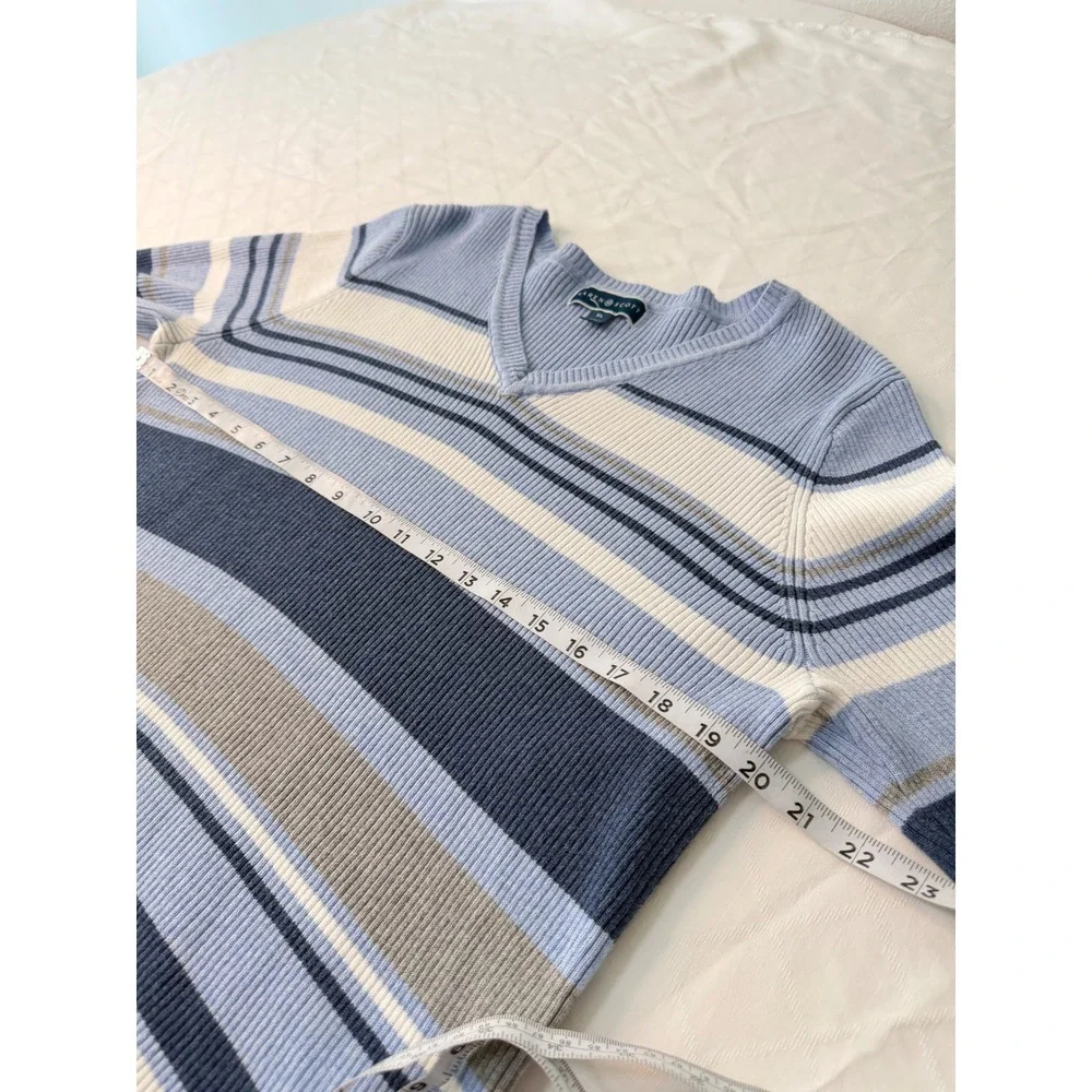 Vintage 90s Inspo Karen Scott Striped‎ Vneck Sweater XL Blue Gray White Preppy
